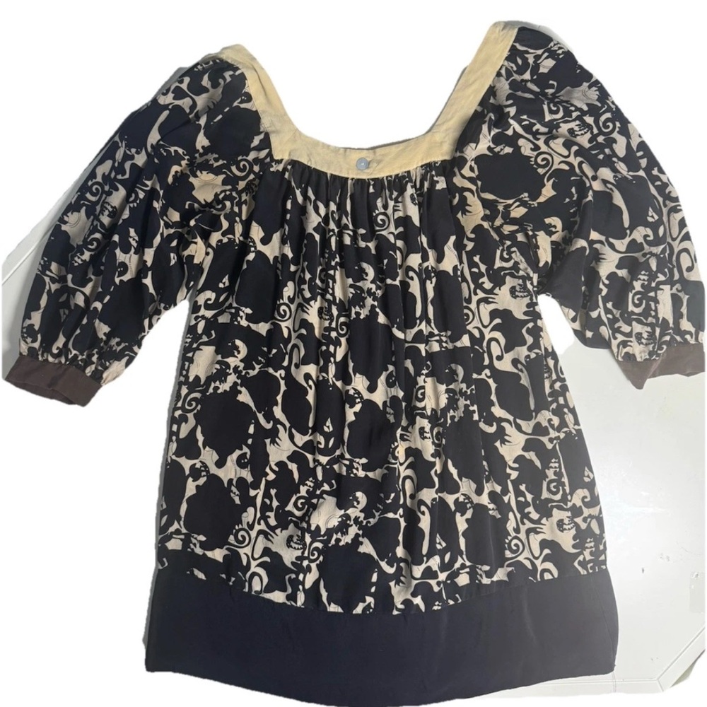 Central Park West Large Tunic Black Floral Batik Shirt Top Blouse Silk 100%